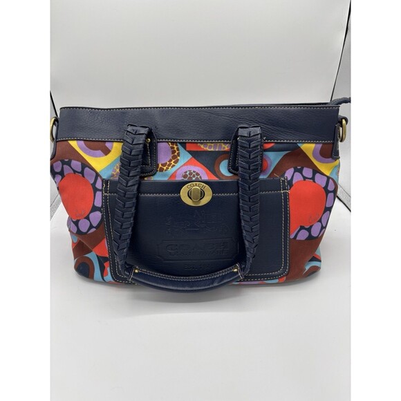Vintage Coach Rare Bright Artsy Medium Signature Satchel Purse Navy Blue Leather - Picture 1 of 13